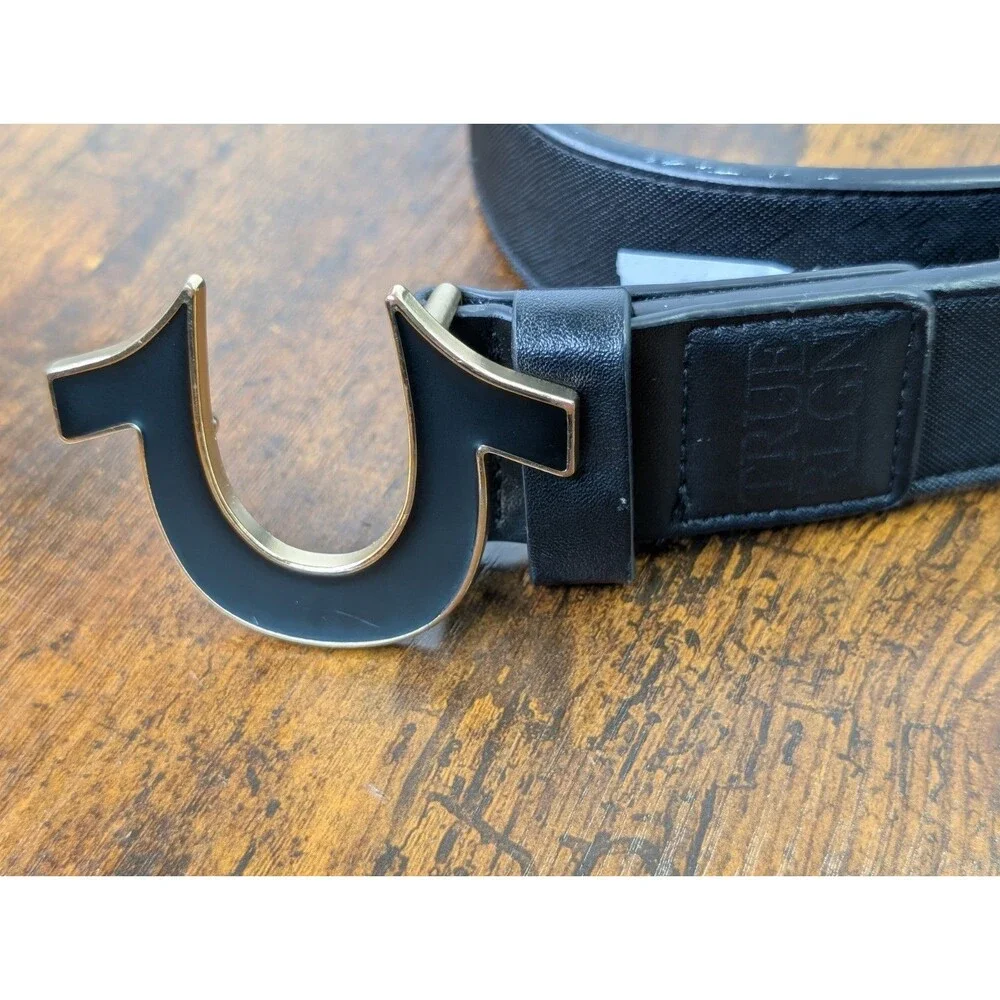 True Religion Men's Sage II Enamel Filled Horseshoe Belt Black/Gold, Size 40
